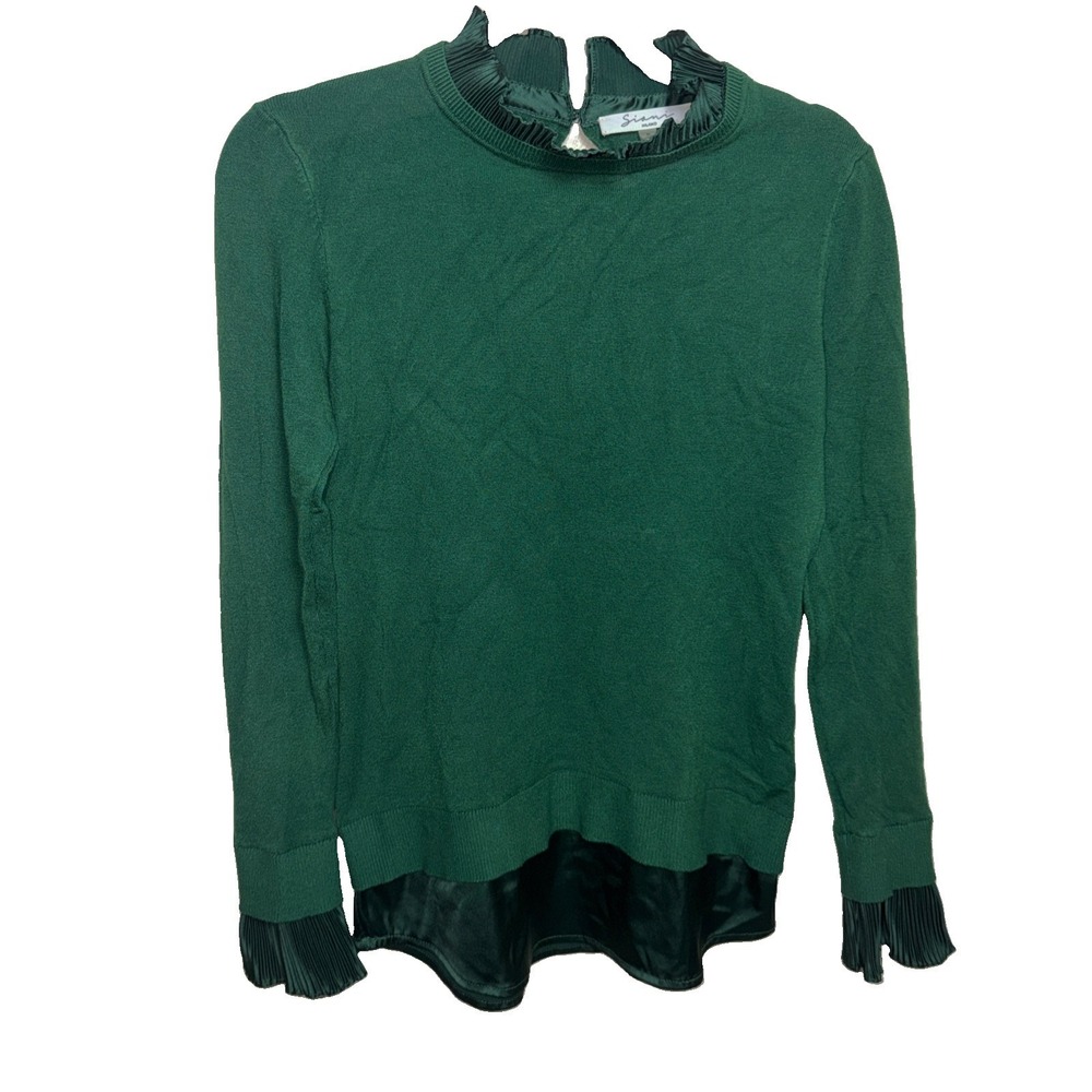 Siani Milano Sweater Pleated Trim S Green Mock Neck Layered Satin Holiday